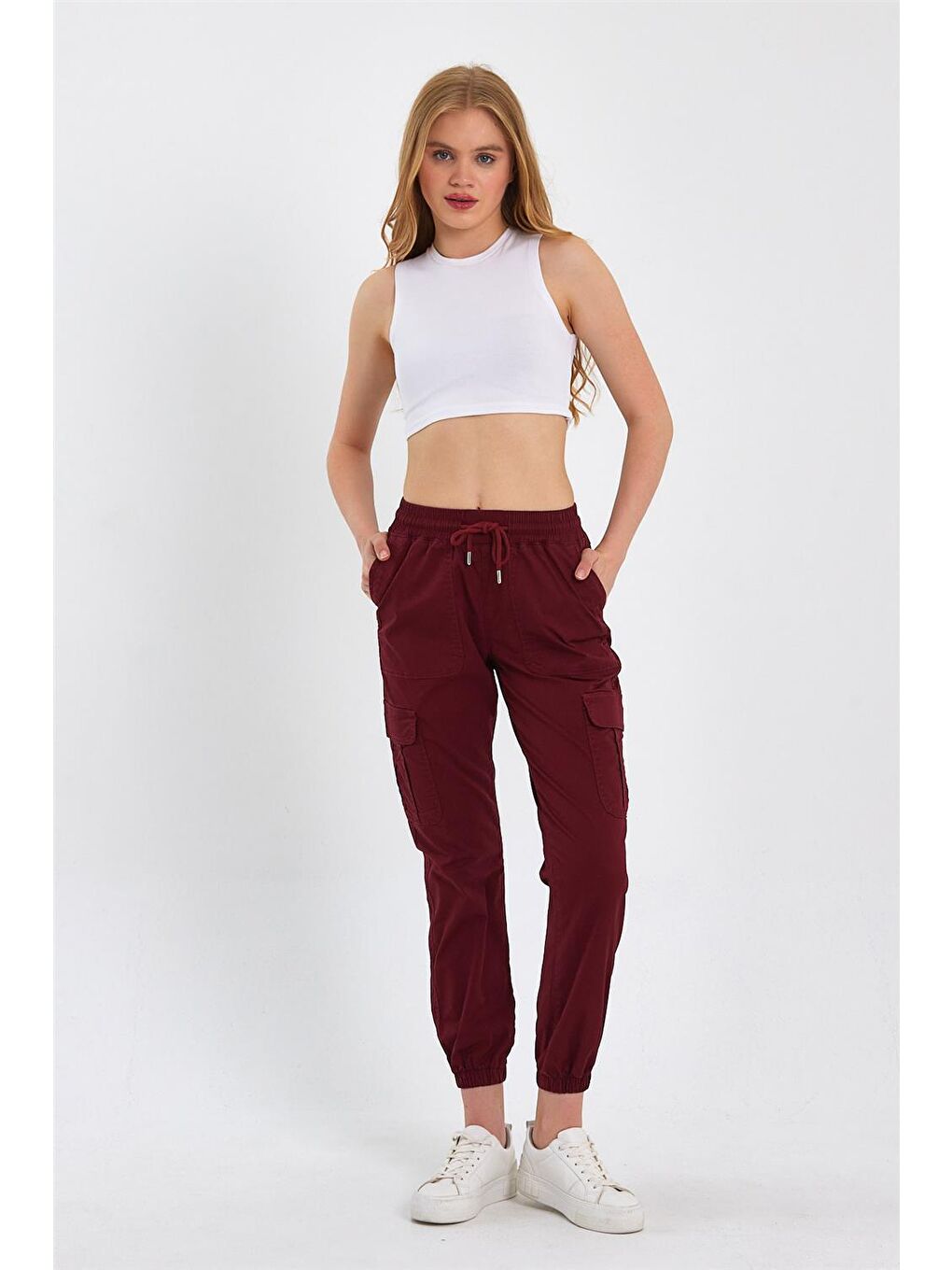 Explode Bordo Kadın Kargo Cep Paça Lastikli Jogger Jeans  Bordo