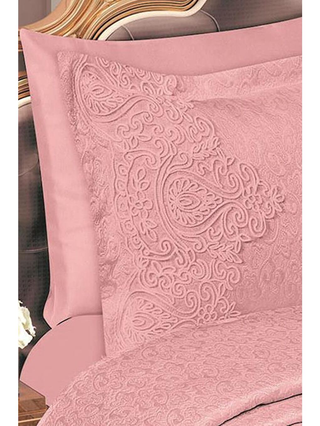 Pembe Farah Brokar Güpürlü Pike Takımı Pudra-2