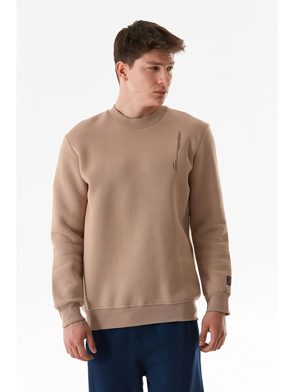 Fullamoda Camel Yazı Baskılı Bisiklet Yaka Sweatshirt