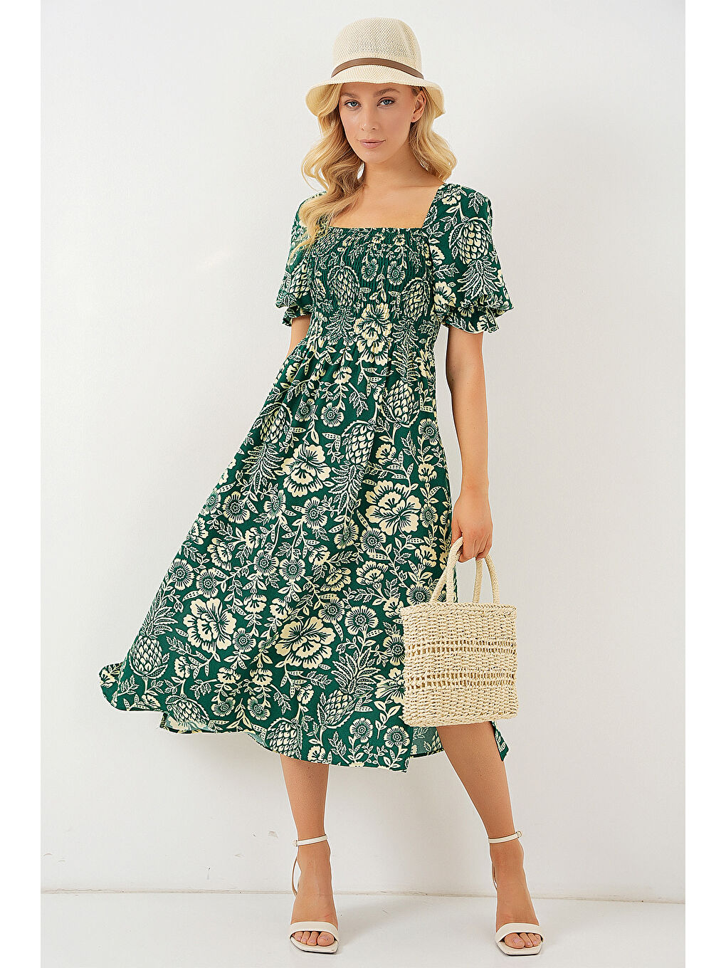 2512 Desenli Yırtmaçlı Elbise - Zümrüt Yeşili-2