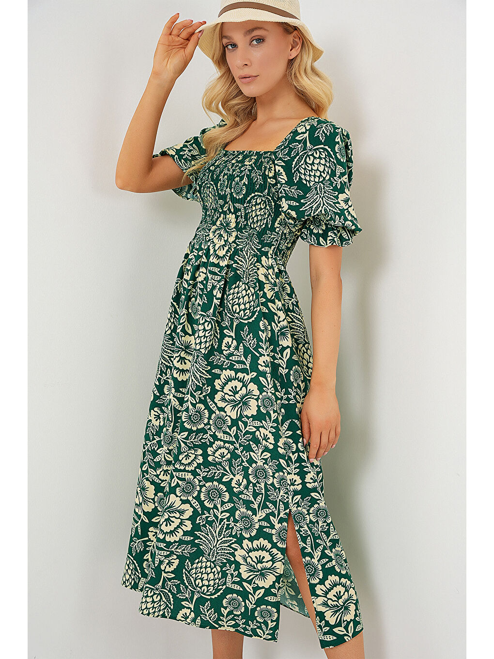 2512 Desenli Yırtmaçlı Elbise - Zümrüt Yeşili-3