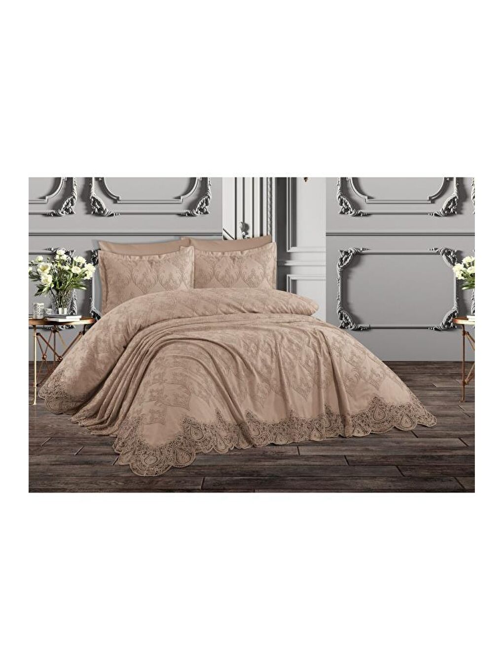 Kahverengi Fransız Dantelli Nilüfer Pike Takımı 6 Parça Cappucino-1