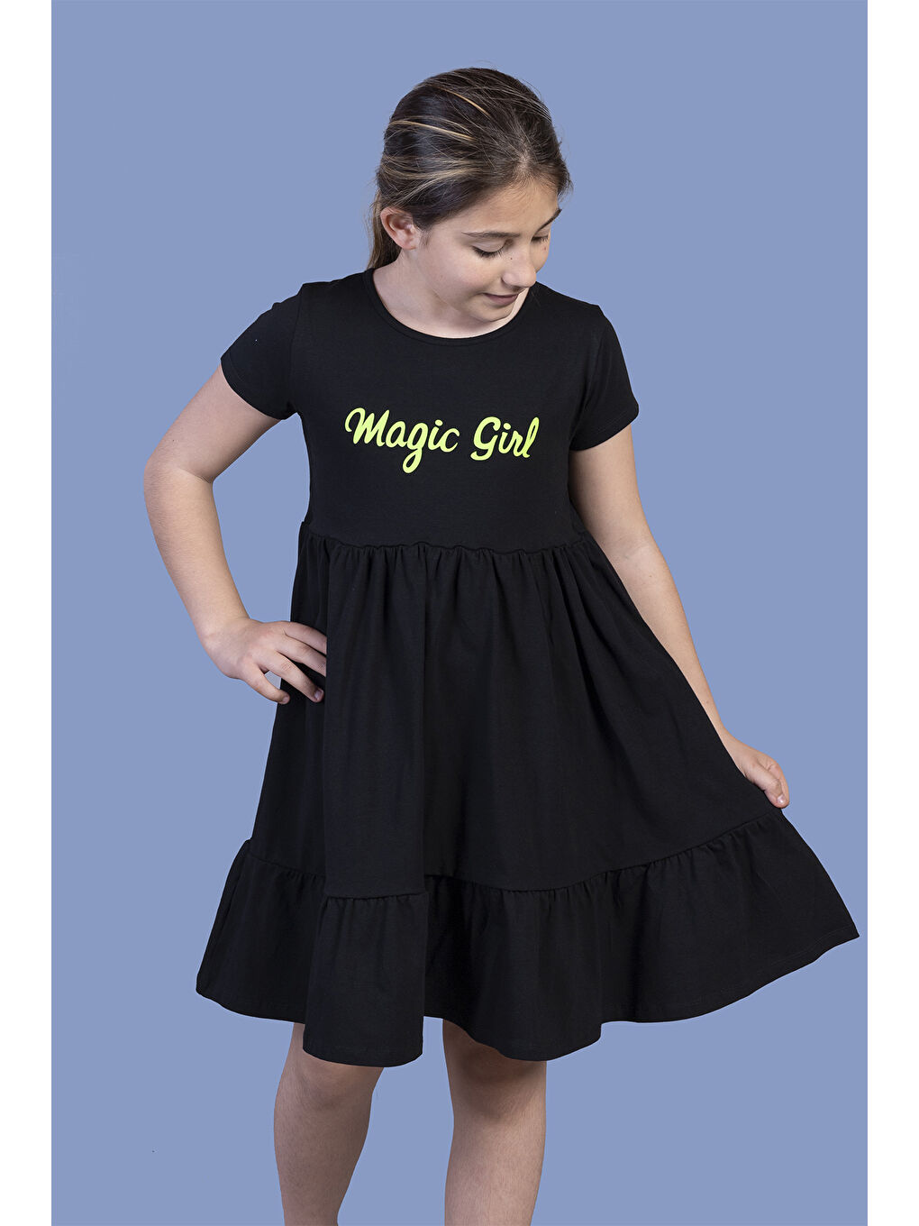 Siyah Kız Çocuk Büzgü Detaylı Baskılı Elbise