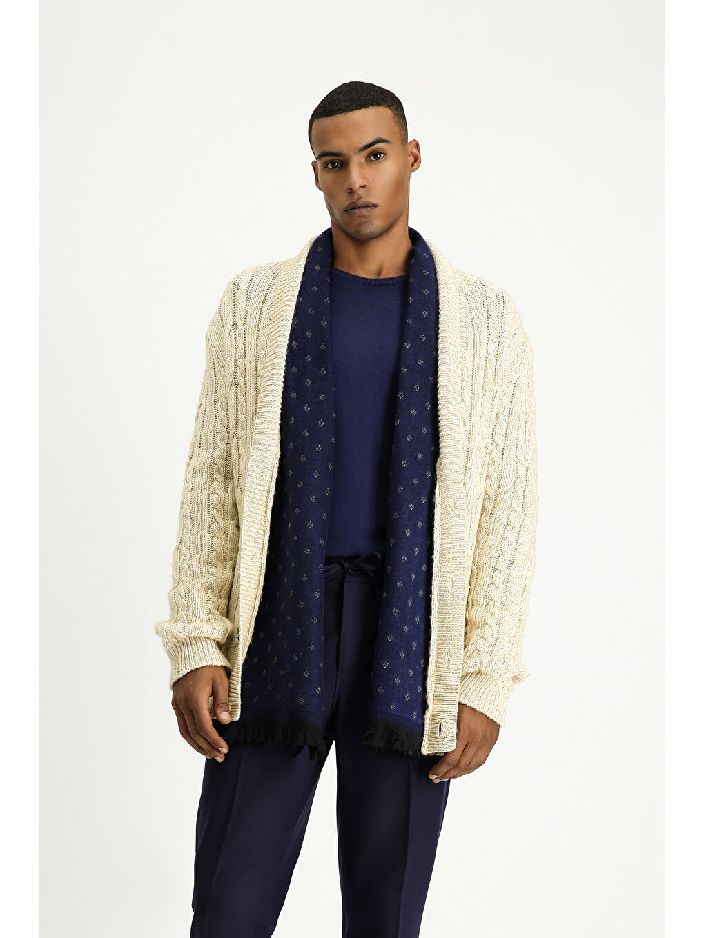 Bej Desenli Yünlü Triko Hırka