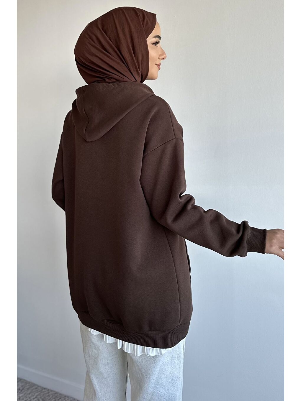 Kahverengi Kapüşonlu Şardonlu Tesettür Sweatshirt-7