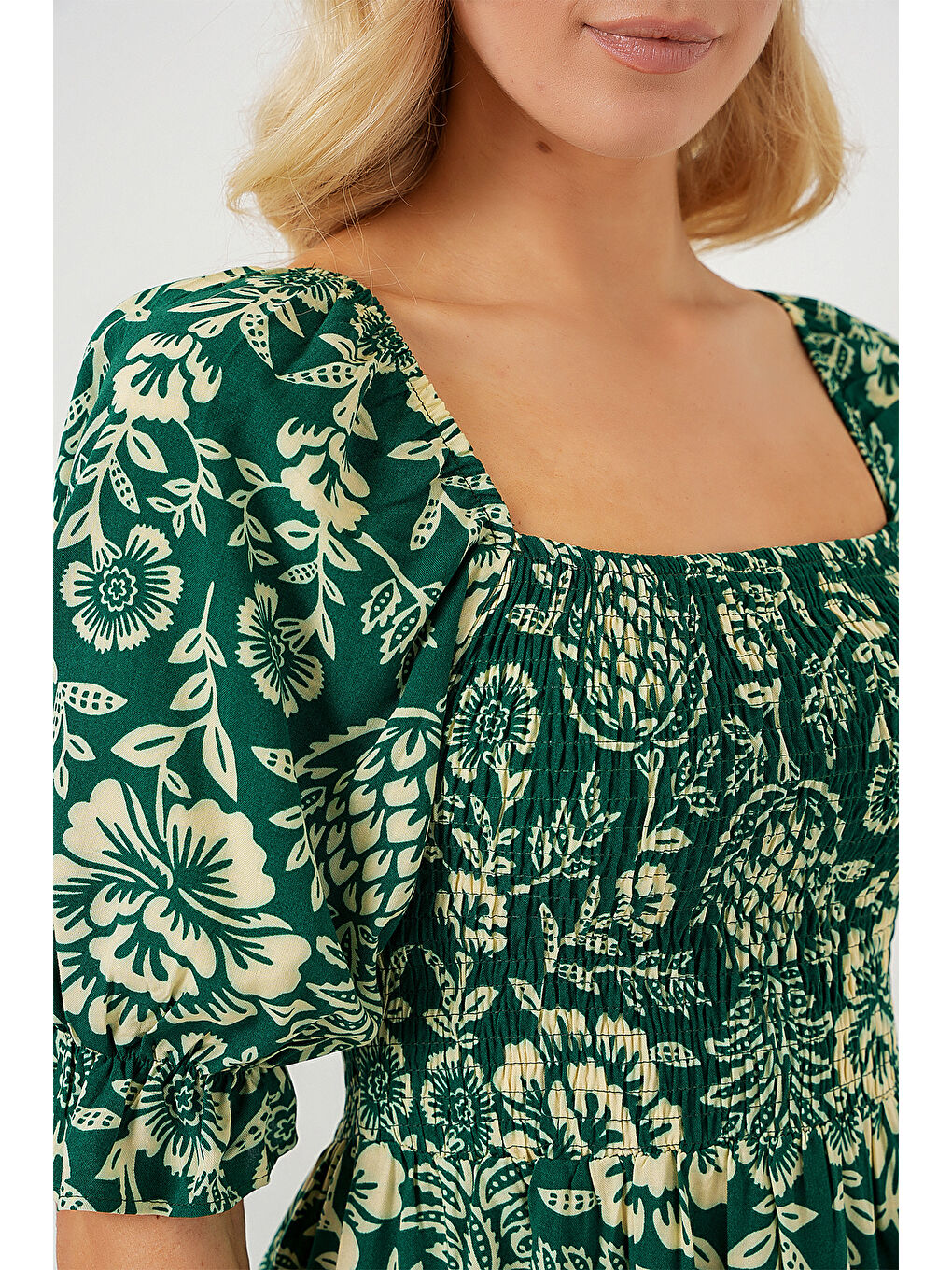 2512 Desenli Yırtmaçlı Elbise - Zümrüt Yeşili-4