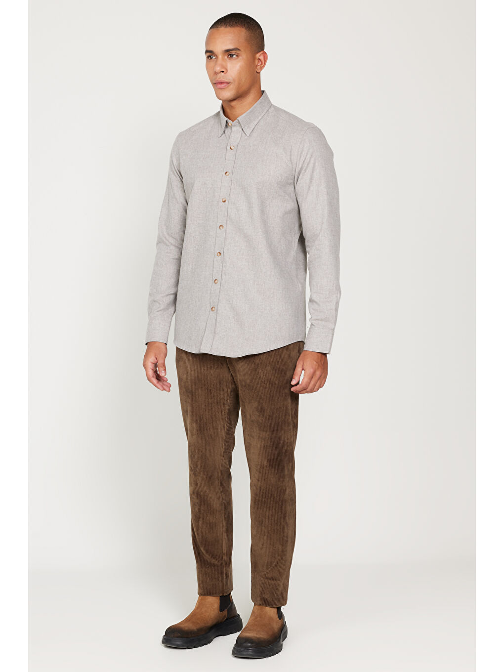 Erkek Bej Recycle Slim Fit Dar Kesim Gizli Düğmeli Yaka Pamuklu Flanel Oduncu Gömlek-1