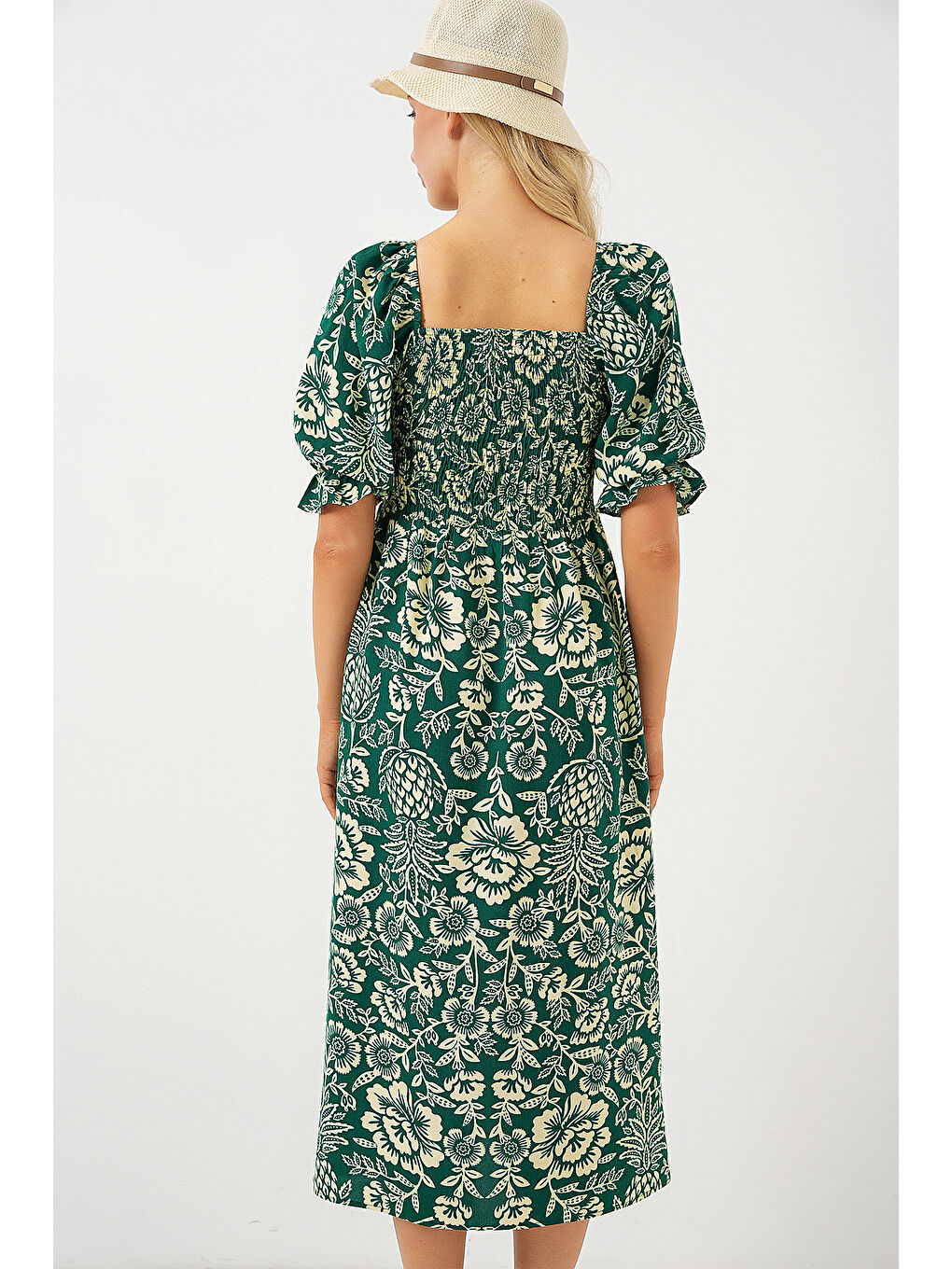 2512 Desenli Yırtmaçlı Elbise - Zümrüt Yeşili-5