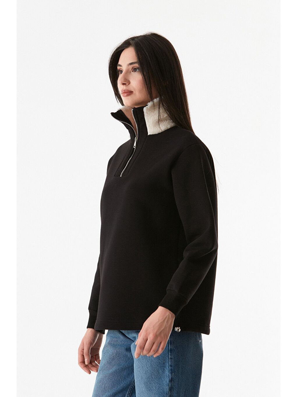 Fullamoda Siyah 3 İplik Basic Yakası Pelüş Detaylı Beli Stoperli Sweatshirt - 4