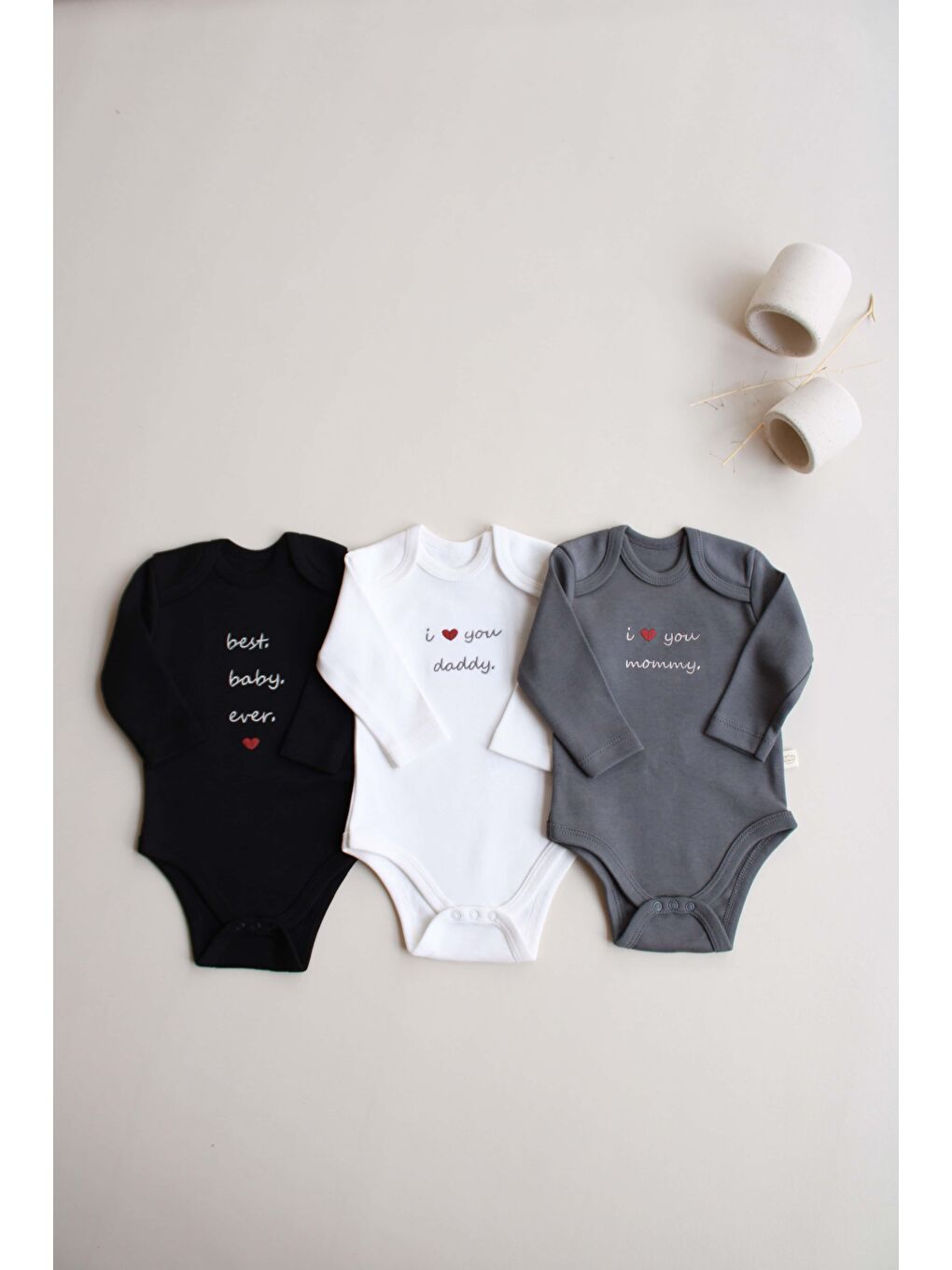 Siyah 3Lü Nakışlı Çıt Çıtlı Uzun Kollu Body Zıbın Set Model 7