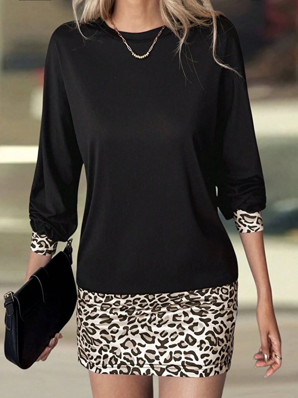 Siyah Kadın Uzun Kollu Bisiklet Yaka üst Viskon Iki Iplik Alt Leopar Desenli Mini Elbise-2