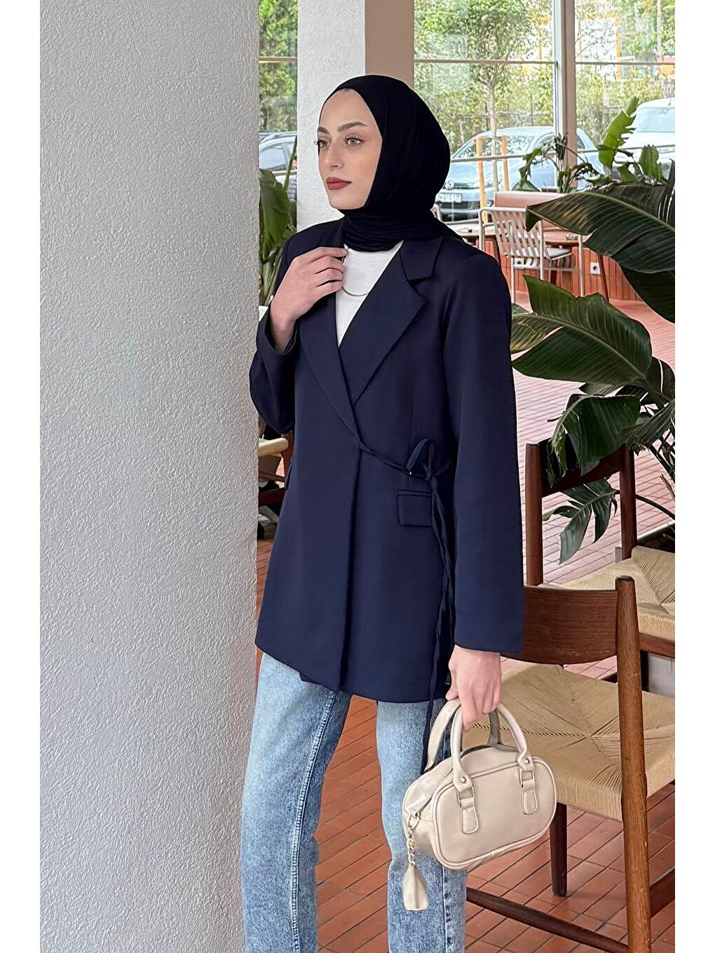 Yan Bağlama Detaylı Ceket Lacivert-1