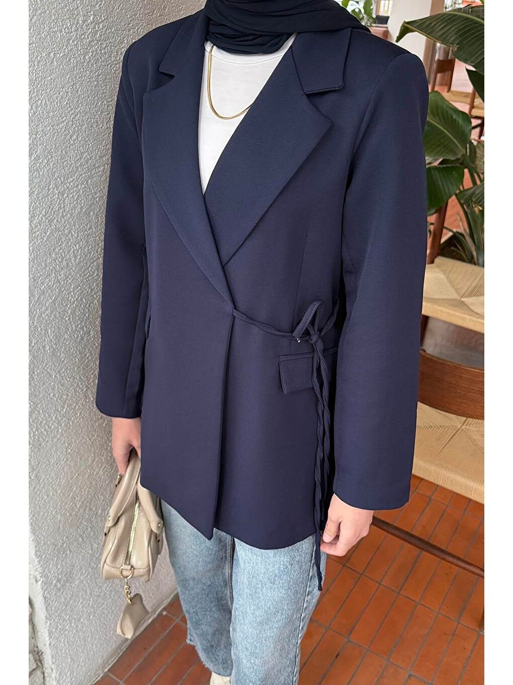 Yan Bağlama Detaylı Ceket Lacivert-2