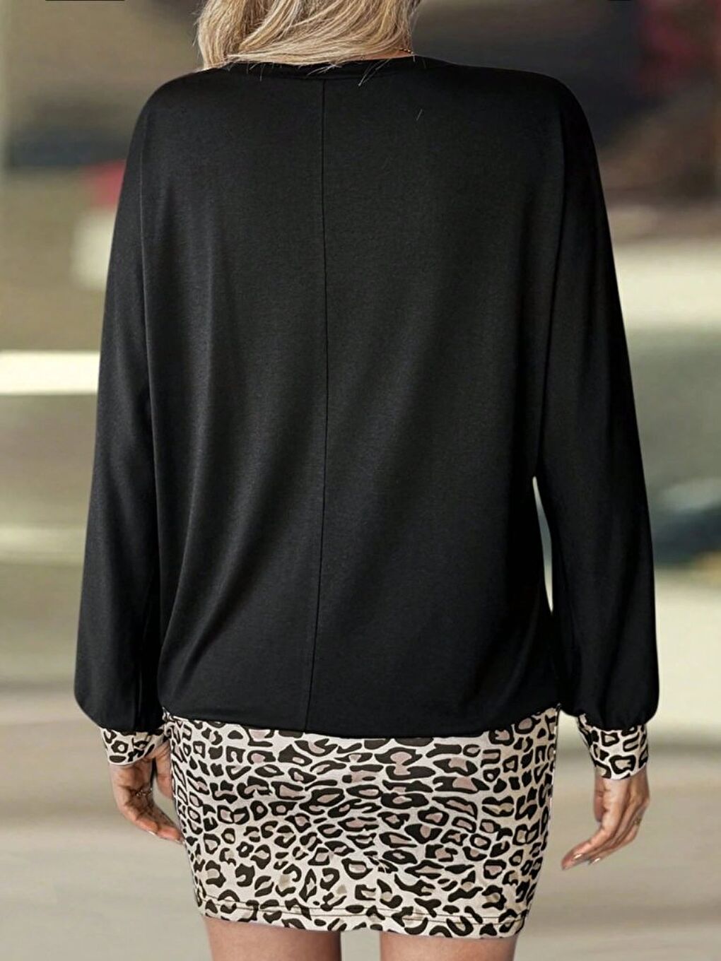 Siyah Kadın Uzun Kollu Bisiklet Yaka üst Viskon Iki Iplik Alt Leopar Desenli Mini Elbise-4