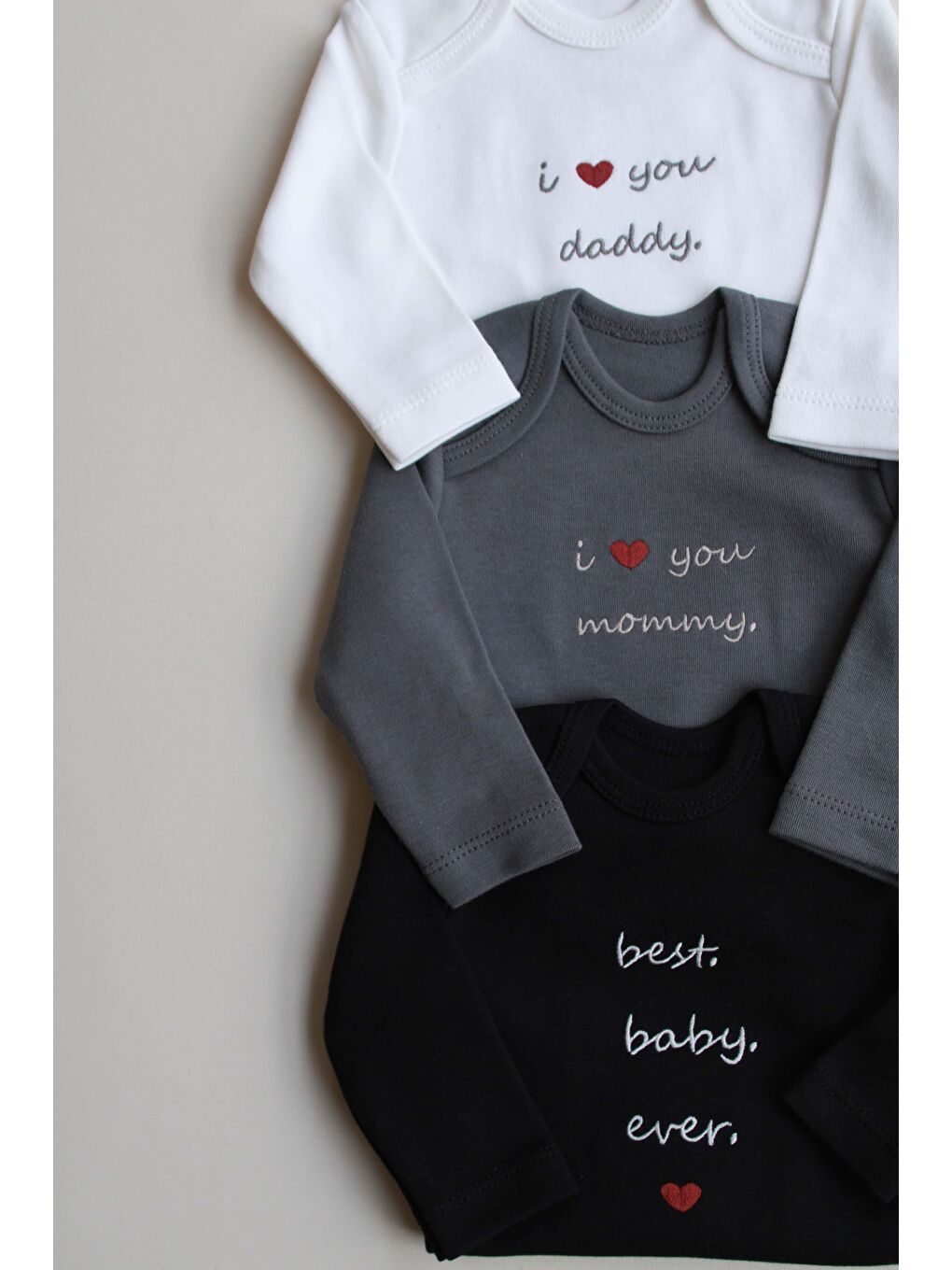 Siyah 3Lü Nakışlı Çıt Çıtlı Uzun Kollu Body Zıbın Set Model 7-3