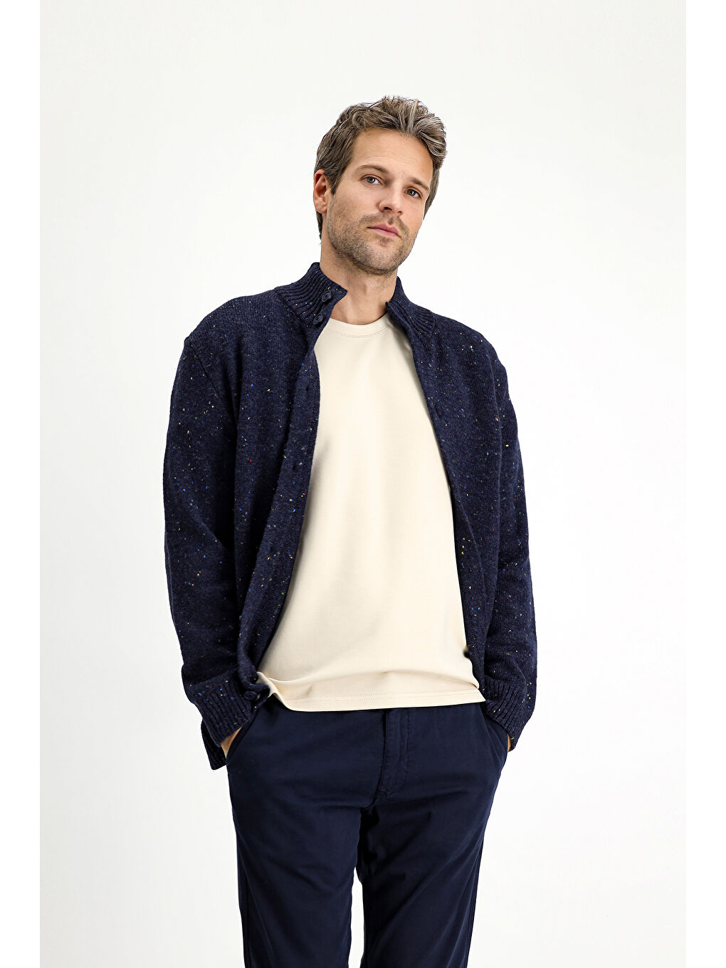 Lacivert Desenli Yünlü Triko Hırka