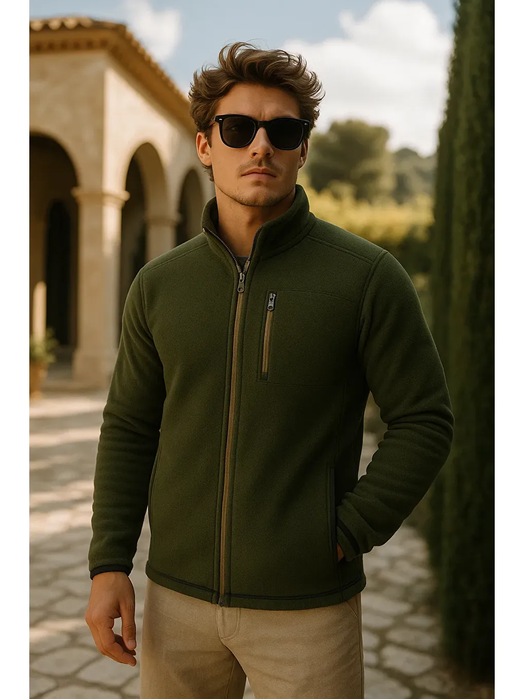 Erkek Kalın Fermuarlı Kışlık Cepli Haki Polar Ceket-1
