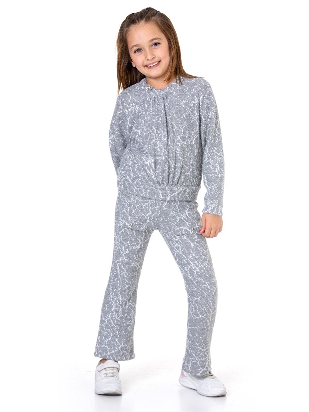 Gri Kız Çocuk 2'li Triko Takım (Pantolon+Kazak) 12124-1