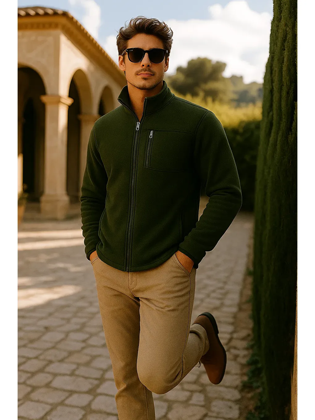 Erkek Kalın Fermuarlı Kışlık Cepli Haki Polar Ceket-2