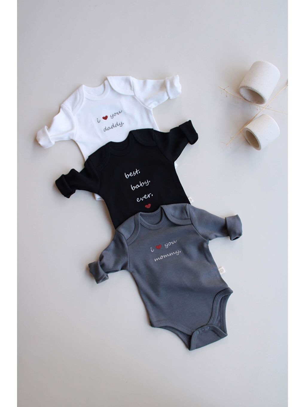 Siyah 3Lü Nakışlı Çıt Çıtlı Uzun Kollu Body Zıbın Set Model 7-5