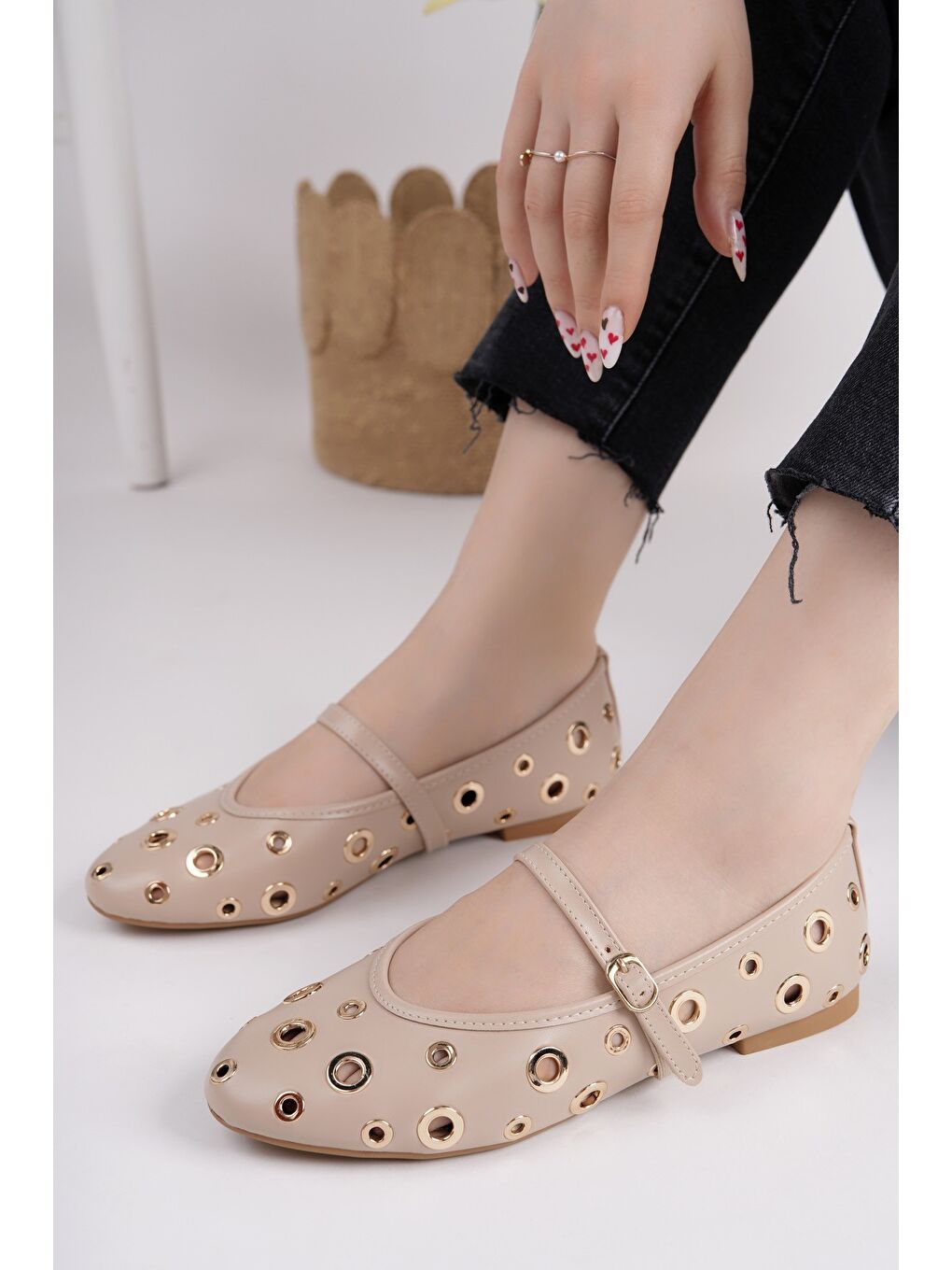 Bej MİSHA Tek Bant Troklu Günlük Kadın Babet-4