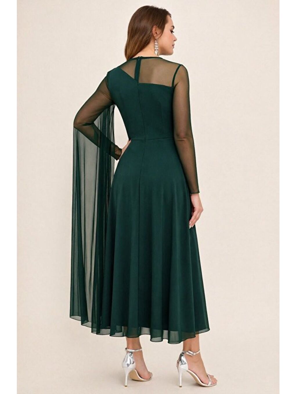 Yeşil Kadın Uzun Kollu Yarı Balıkçı Yaka Tül Detaylı Uzun Sandy Elbise-1