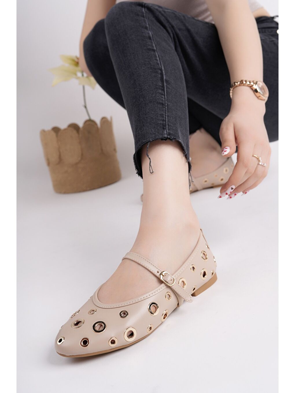 Bej MİSHA Tek Bant Troklu Günlük Kadın Babet-6