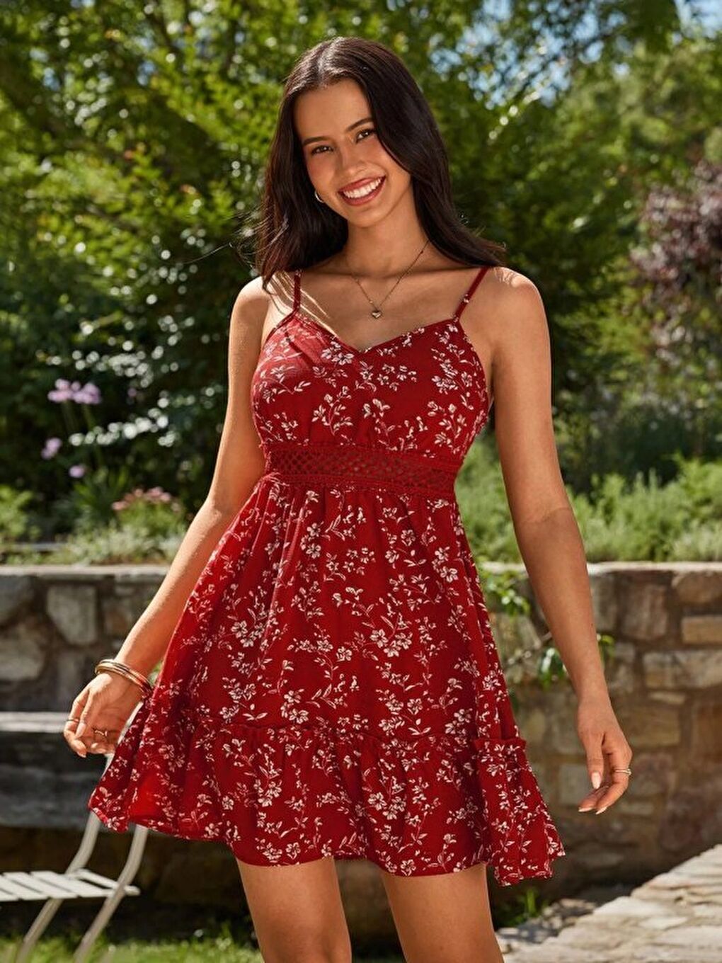 Kırmızı Kadın Ip Askılı V Yakalı Kısa Desenli Süprem Elbise-2