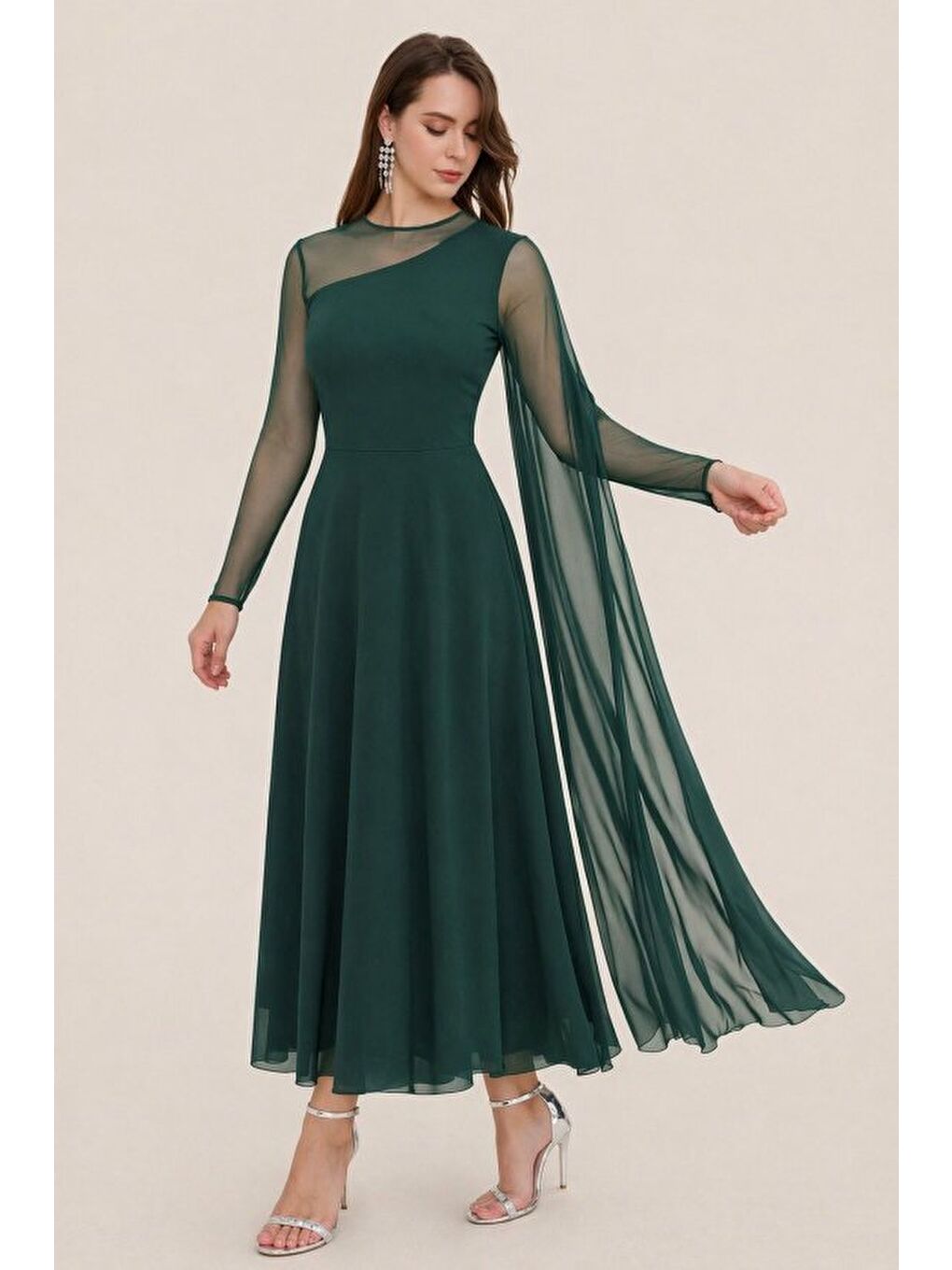 Yeşil Kadın Uzun Kollu Yarı Balıkçı Yaka Tül Detaylı Uzun Sandy Elbise-2