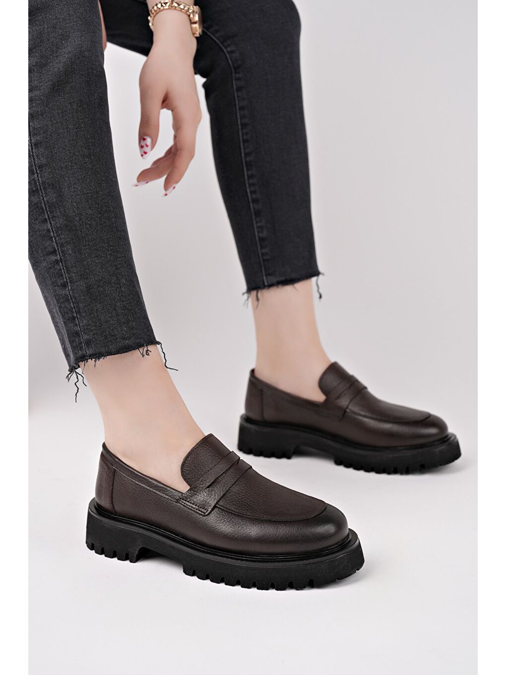 Kahverengi PARADİSE Hakiki Deri Kalın Taban Günlük Casual Makosen Kadın Loafer Ayakkabı-4