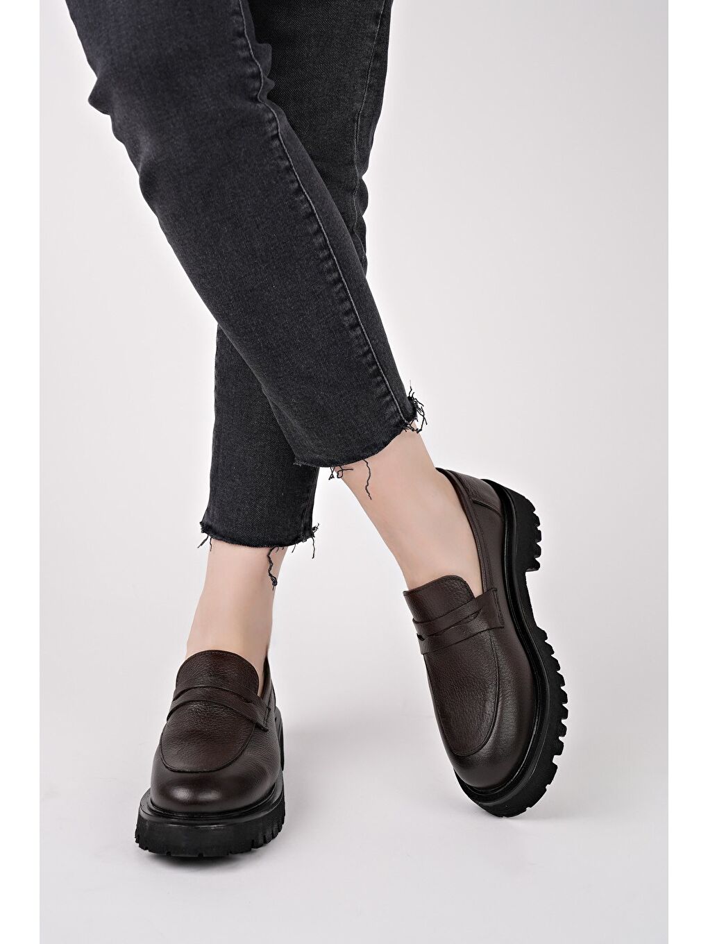 Kahverengi PARADİSE Hakiki Deri Kalın Taban Günlük Casual Makosen Kadın Loafer Ayakkabı-5