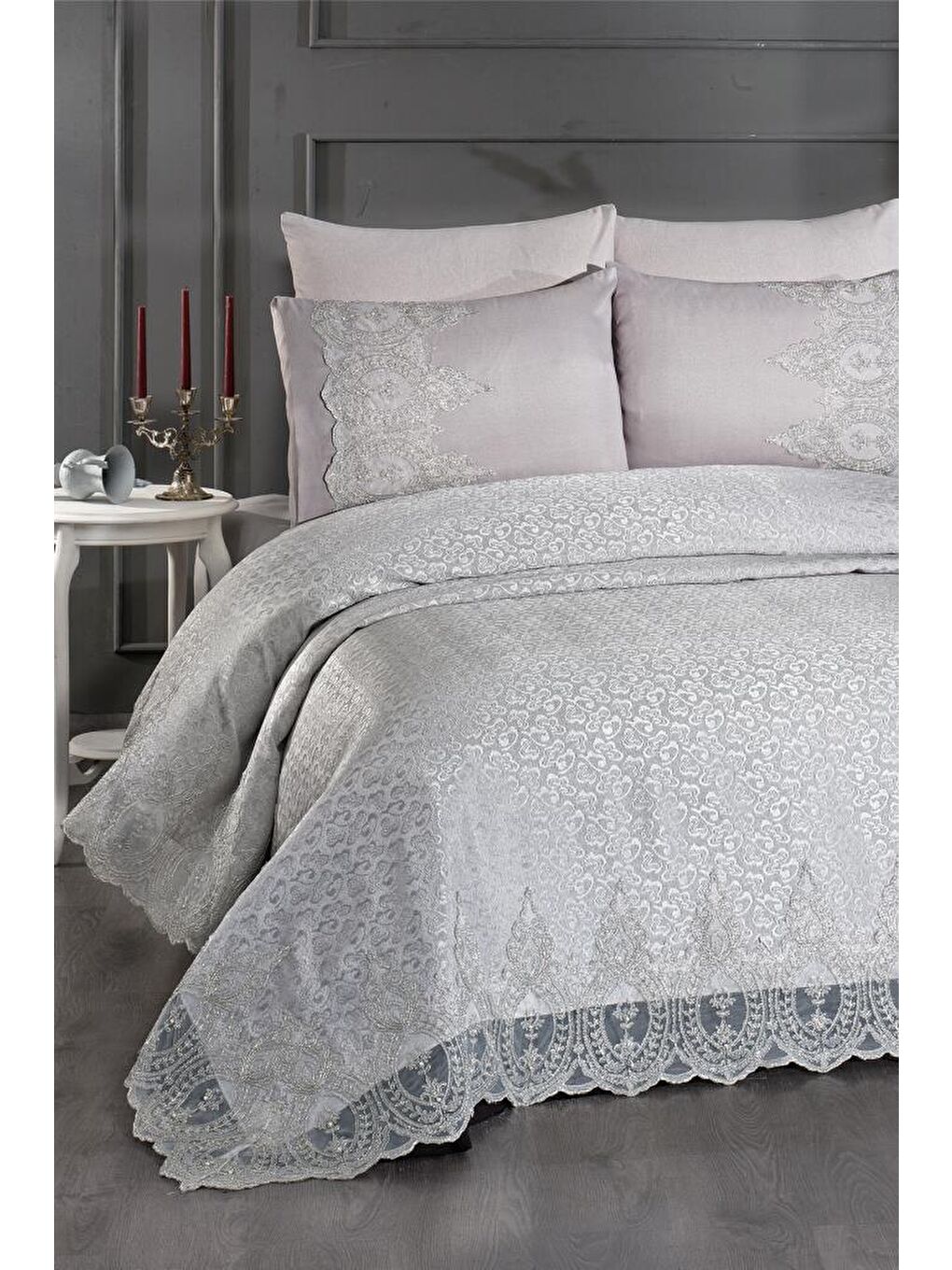 İlayda Fransız Güpürlü Brokar Pike Takımı Gri