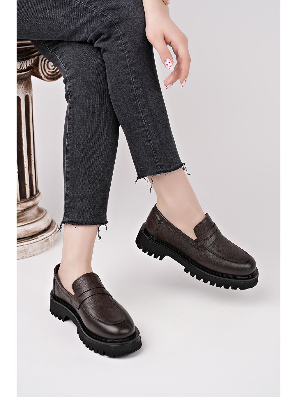 Kahverengi PARADİSE Hakiki Deri Kalın Taban Günlük Casual Makosen Kadın Loafer Ayakkabı-6