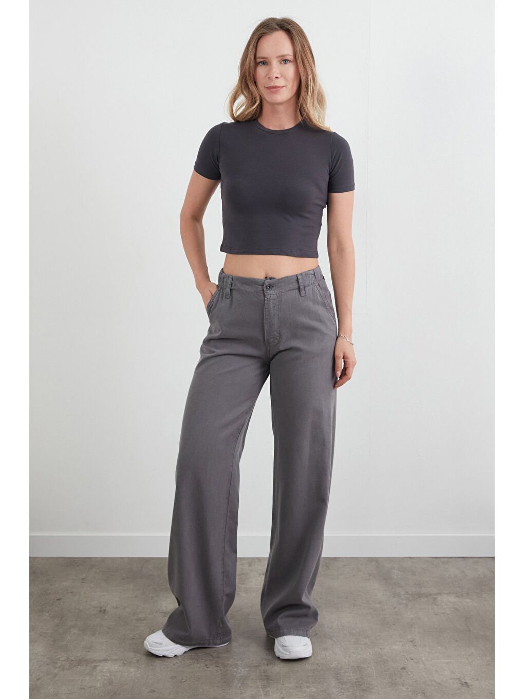 Antrasit Beli Lastikli Düğmeli Lyocell Kumaş Pantolon