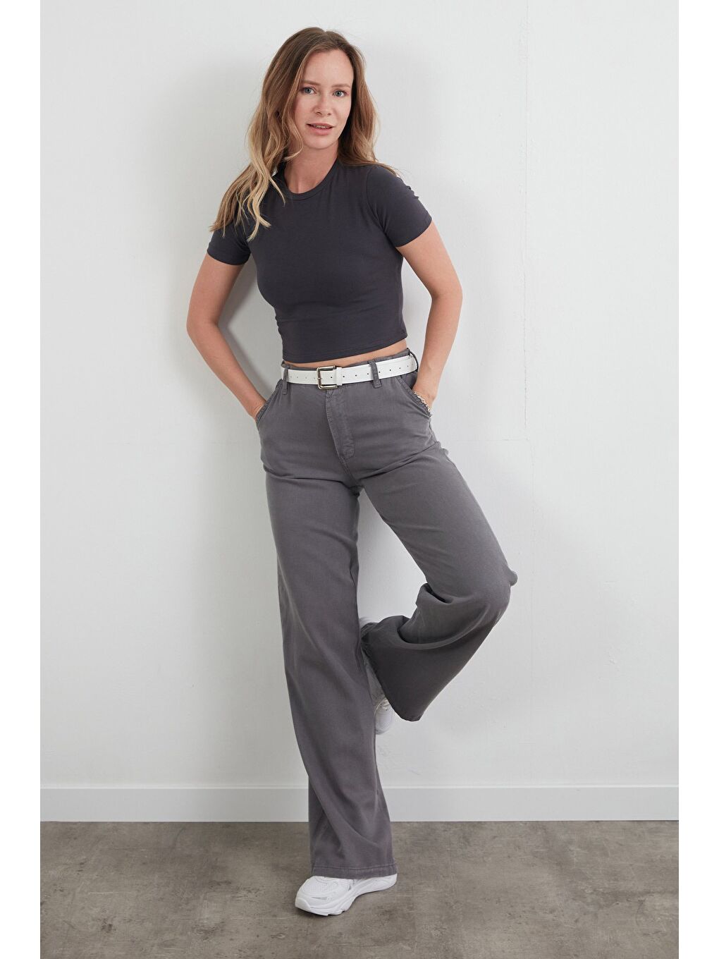 Antrasit Beli Lastikli Düğmeli Lyocell Kumaş Pantolon-1