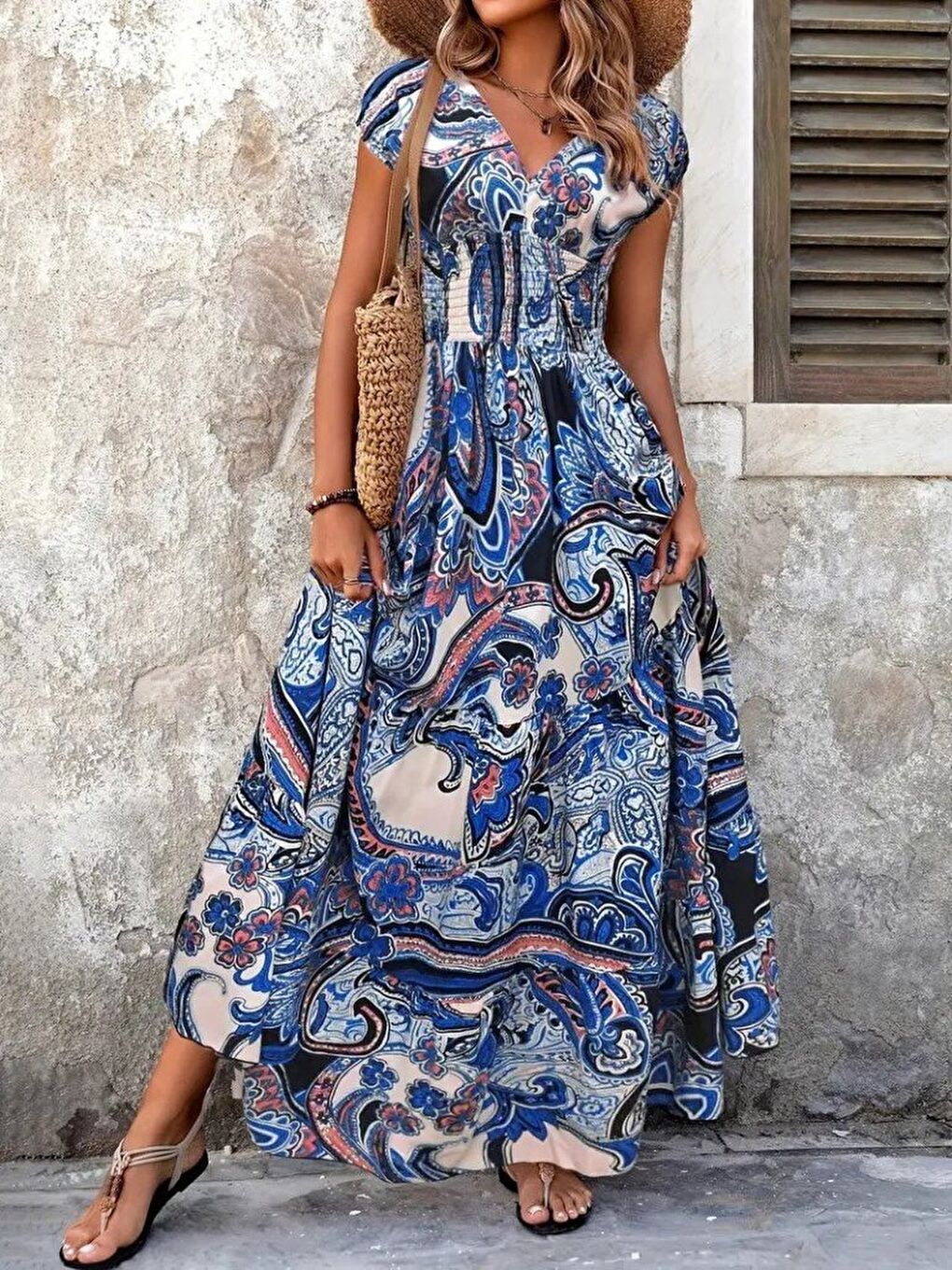 Mavi Kadın Kısa Yarasa Kanat Kollu V Yakalı Beli Büzgülü Süprem Elbise-1