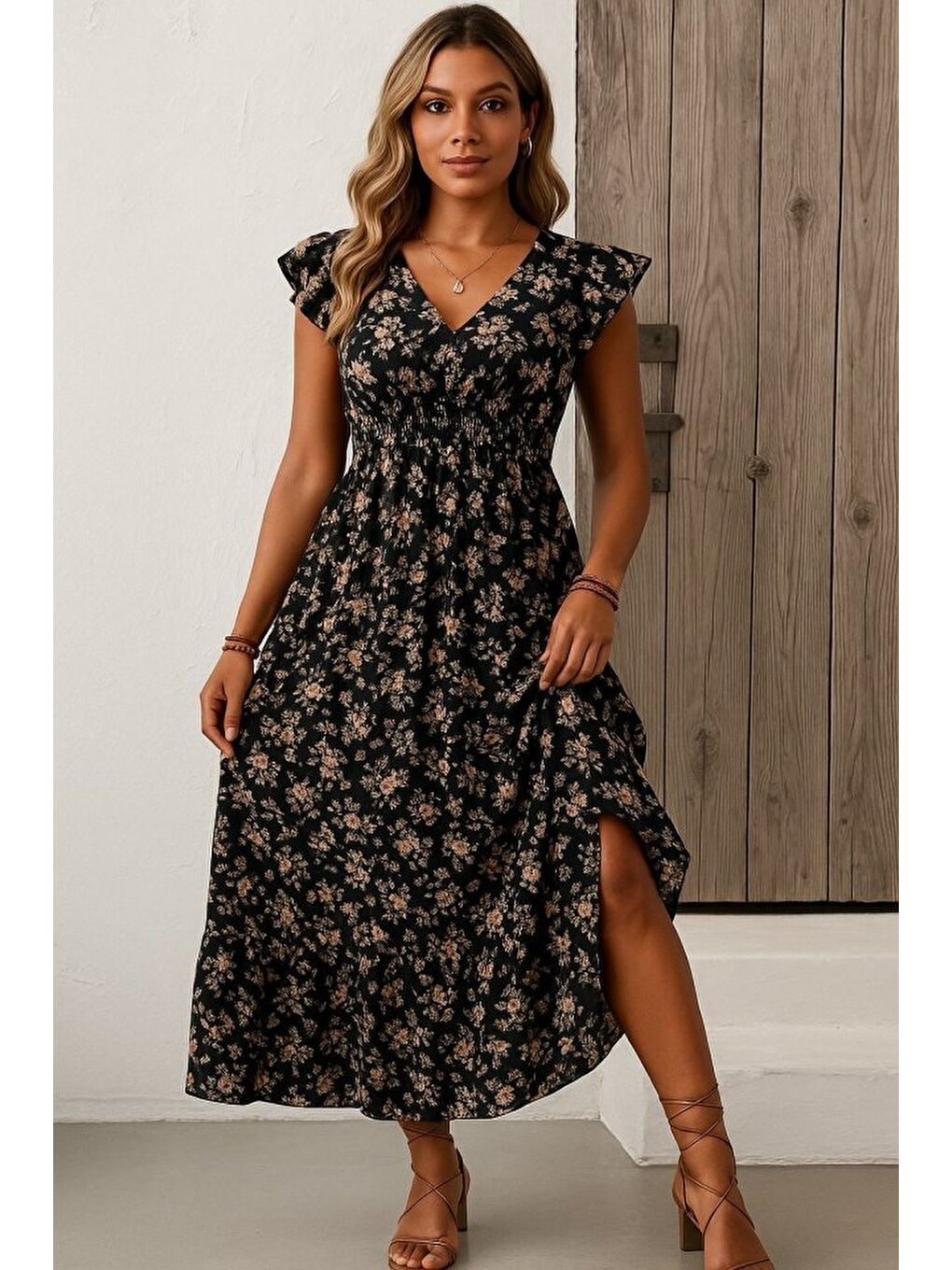 Siyah Kadın Kısa Kollu Kruvaze Yaka Beli Lastikli çiçek Desenli Elbise