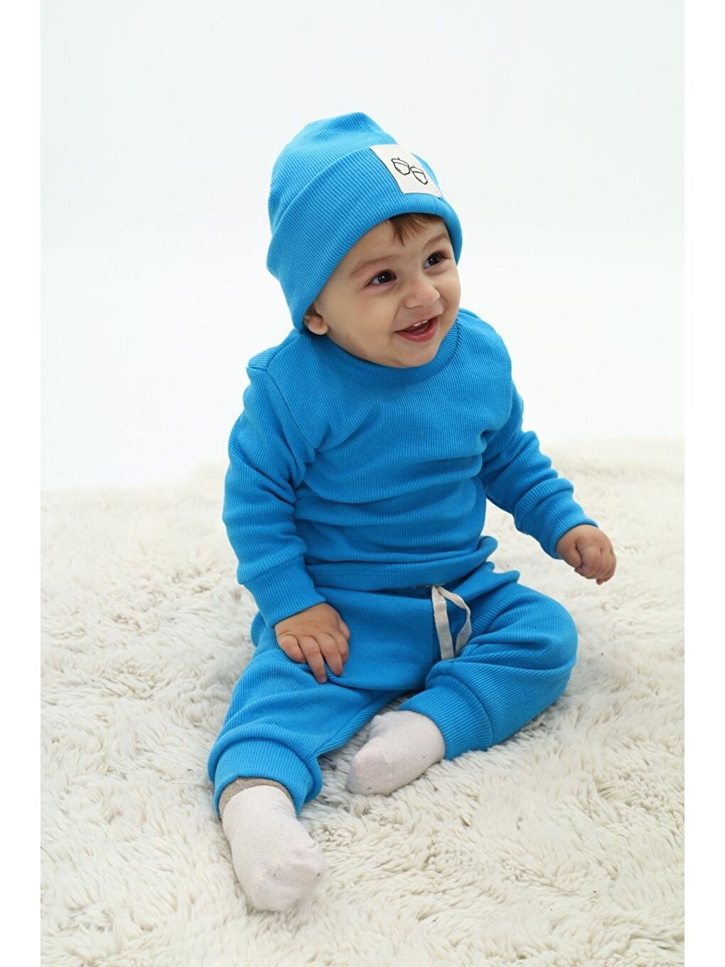 Mavi Erkek Bebek 3'lü Takım (Şapka+Alt+Üst) 12128