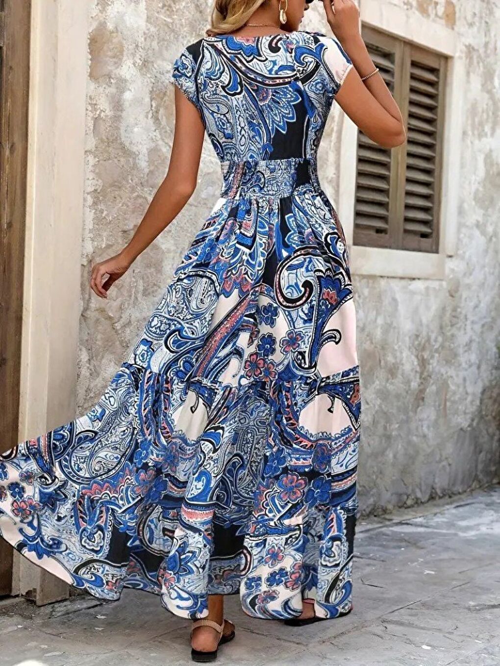 Mavi Kadın Kısa Yarasa Kanat Kollu V Yakalı Beli Büzgülü Süprem Elbise-2