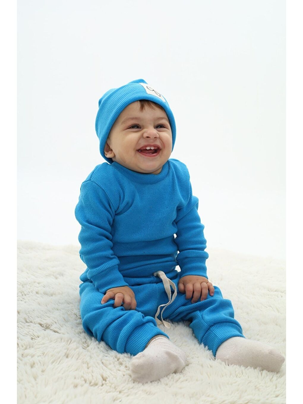 Mavi Erkek Bebek 3'lü Takım (Şapka+Alt+Üst) 12128-1