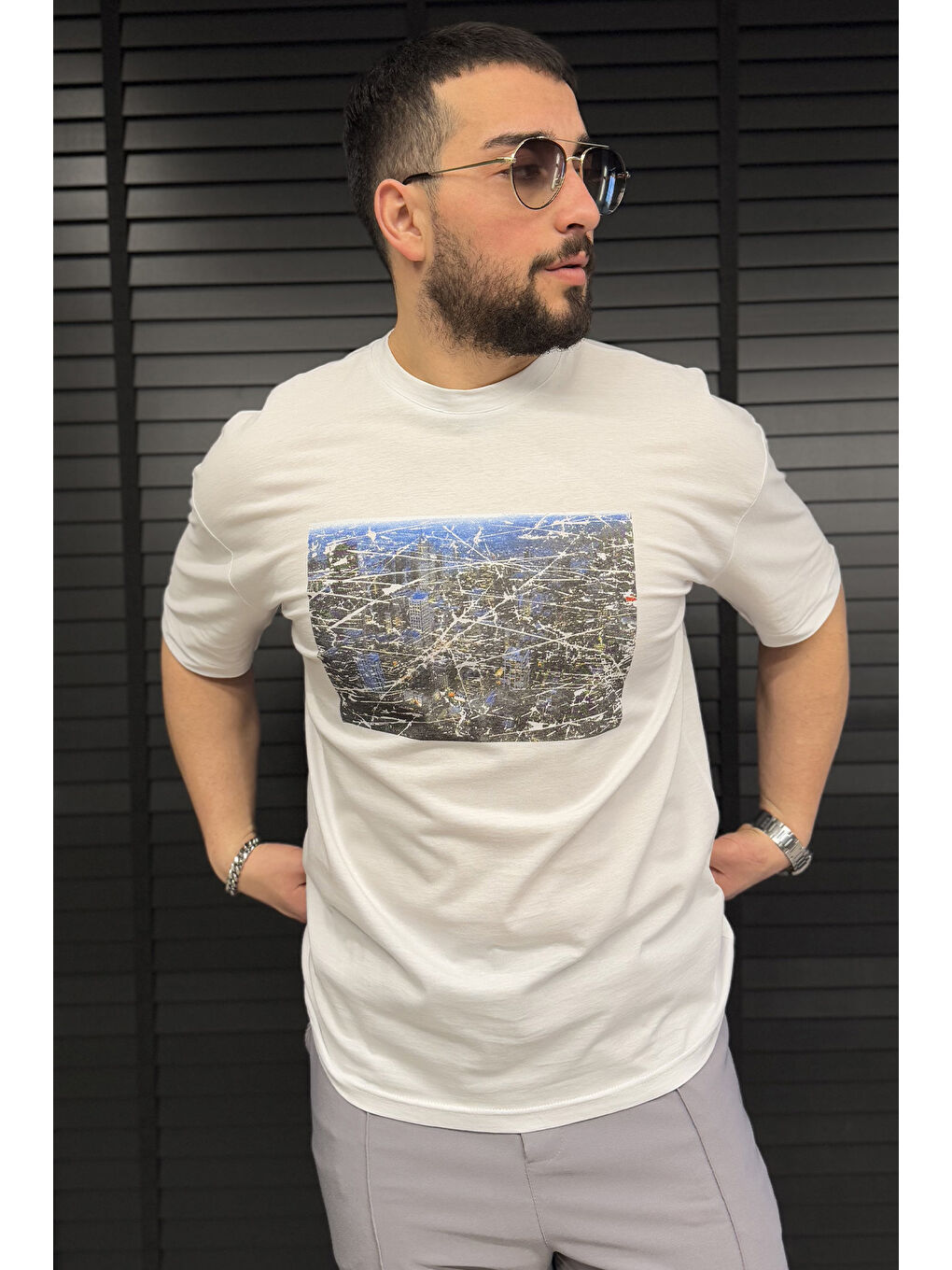 Mishar İtalia Beyaz Erkek Bisiklet Yaka Baskılı Oversize Tişört - 1