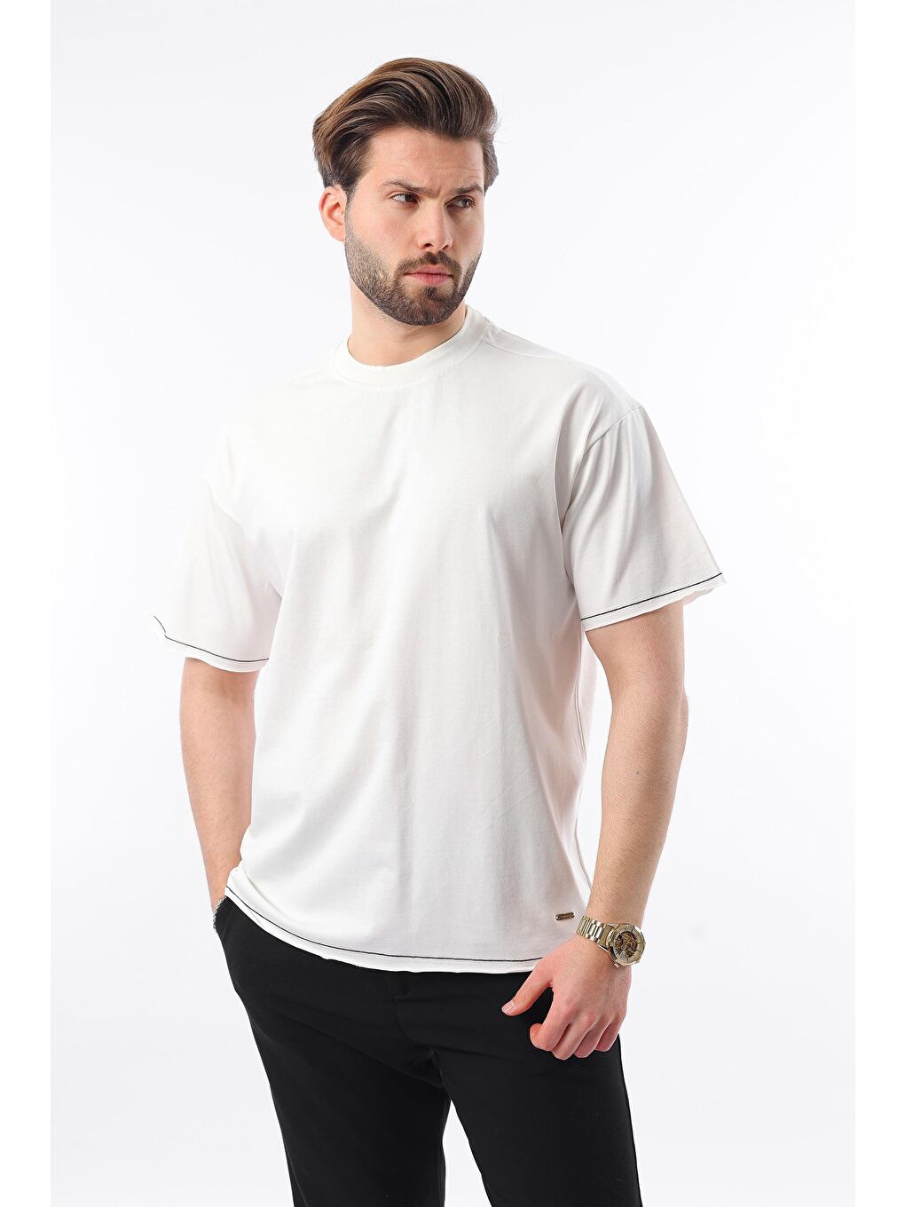 Ekru Bisiklet Yaka Basic Erkek %100 Pamuk Tişört E7105