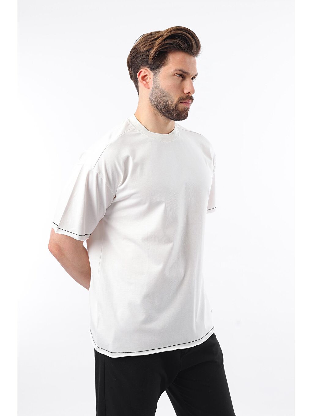 Ekru Bisiklet Yaka Basic Erkek %100 Pamuk Tişört E7105-1