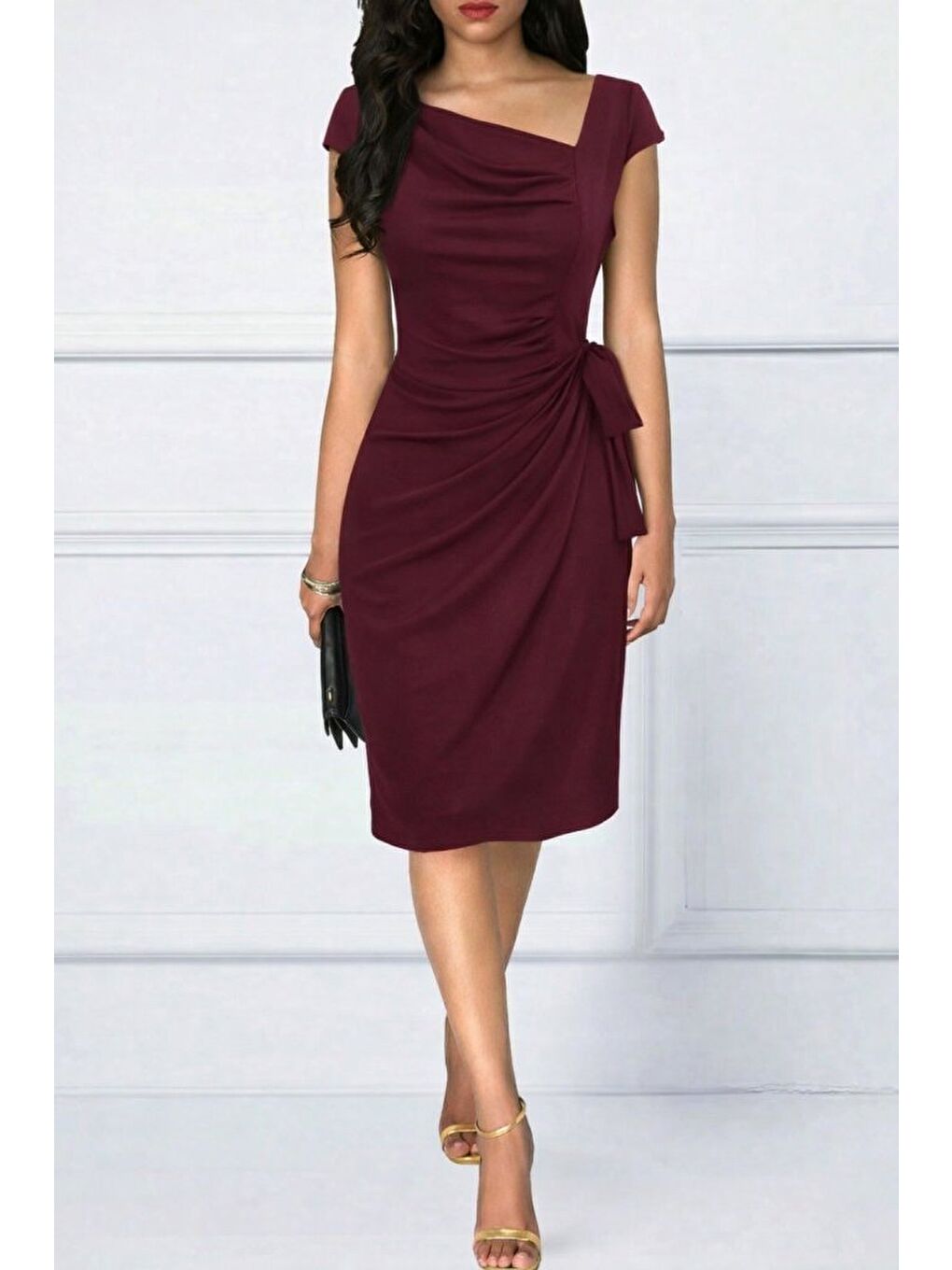 Bordo Kadın Kısa Kollu V Asimetrik Yaka Kesimli Yandan Bağlamalı Mini Janjan Krep Elbise