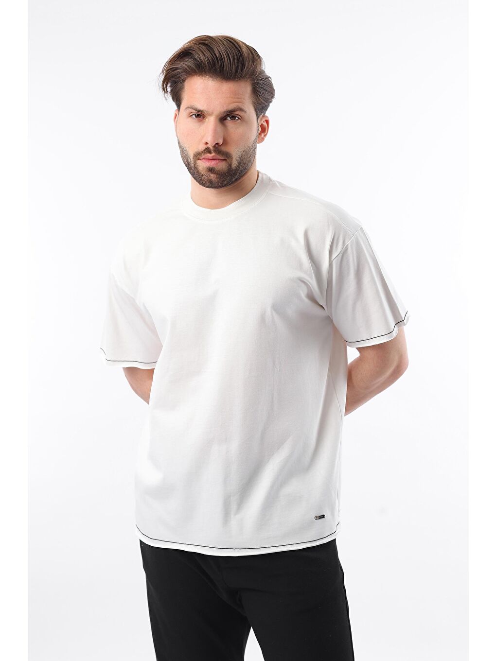 Ekru Bisiklet Yaka Basic Erkek %100 Pamuk Tişört E7105-3