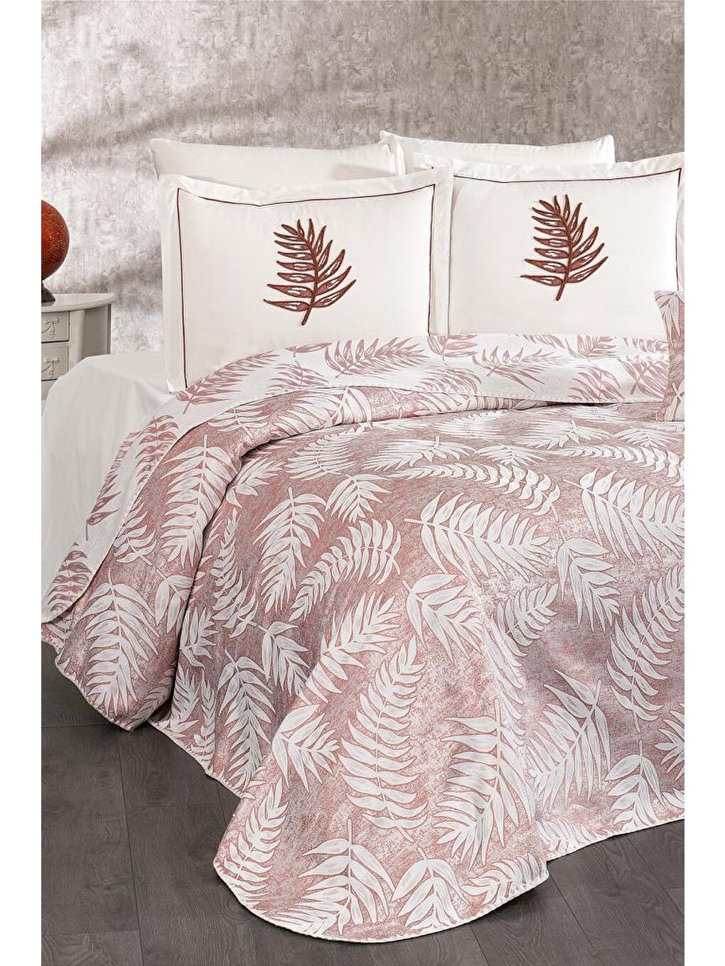 Karışık Palmiye 7 Parça Şönil Pike Takımı Krem - Bordo-1