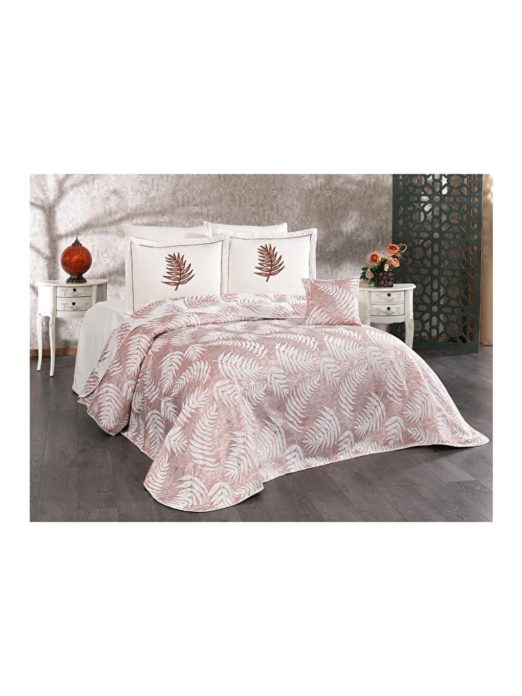 Karışık Palmiye 7 Parça Şönil Pike Takımı Krem - Bordo-2