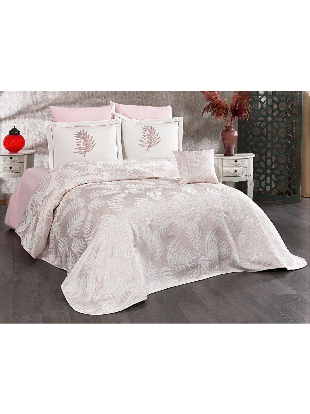 Karışık Palmiye 7 Parça Şönil Pike Takımı Krem - Pudra