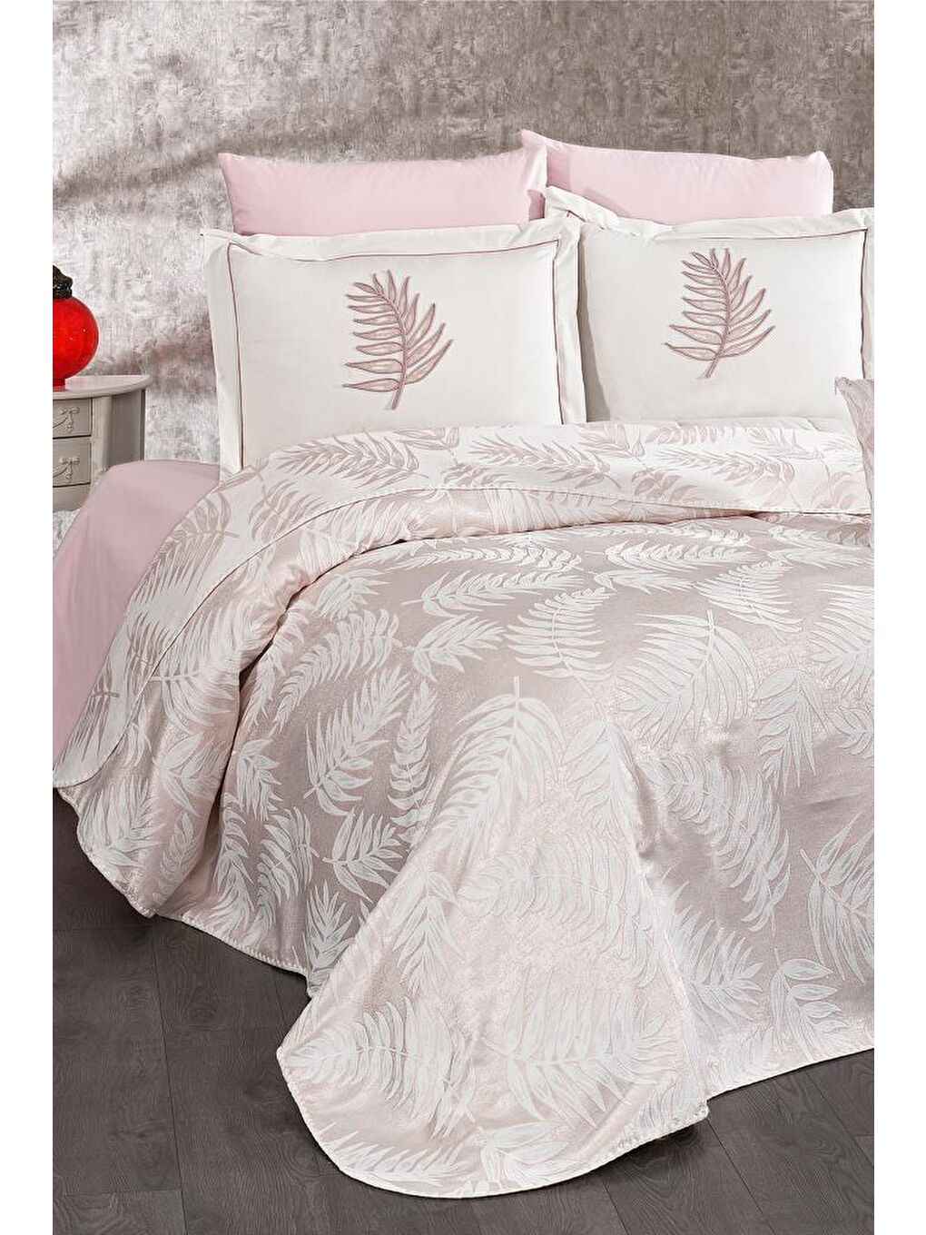 Karışık Palmiye 7 Parça Şönil Pike Takımı Krem - Pudra-1