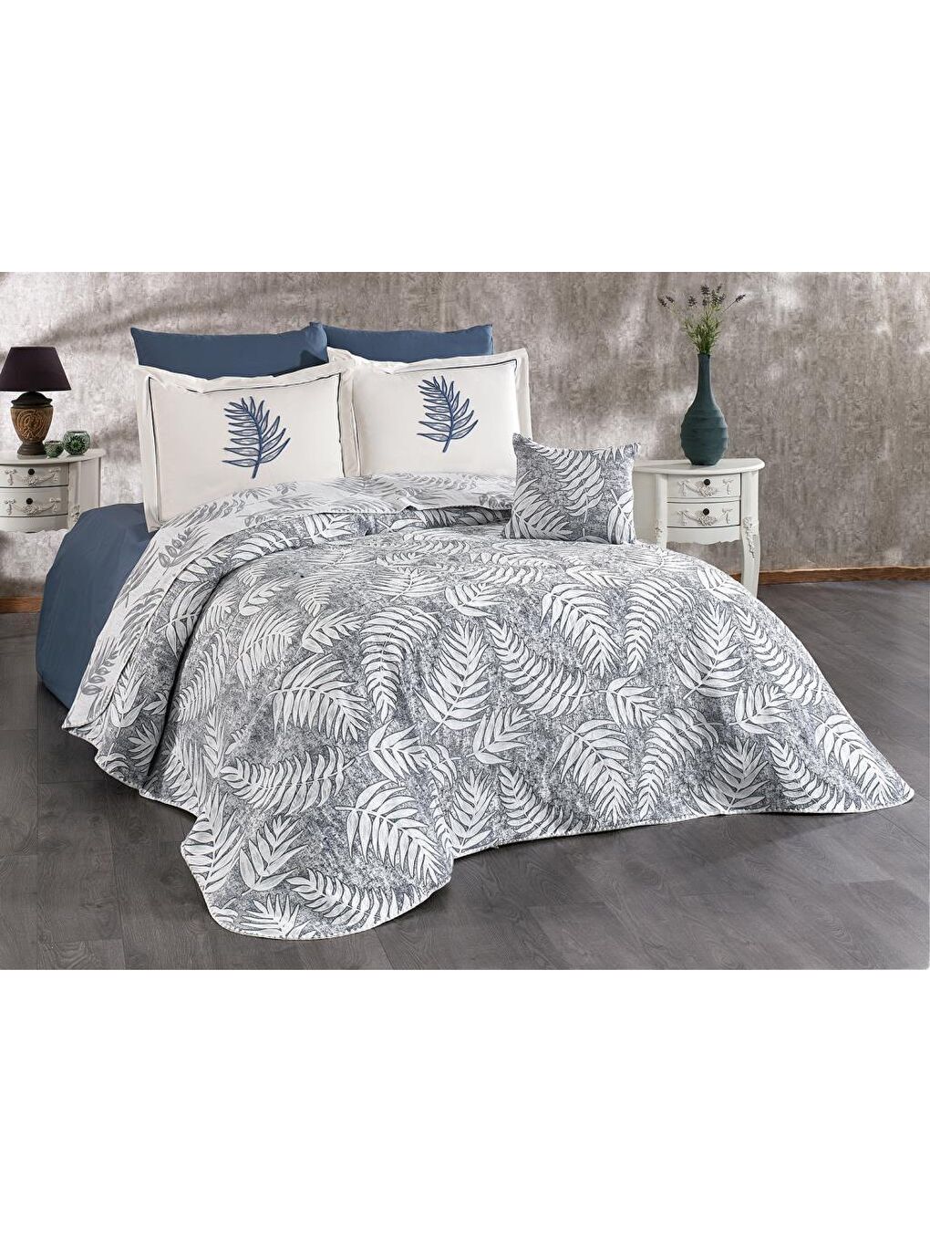 Karışık Palmiye 7 Parça Şönil Pike Takımı Krem - Gri